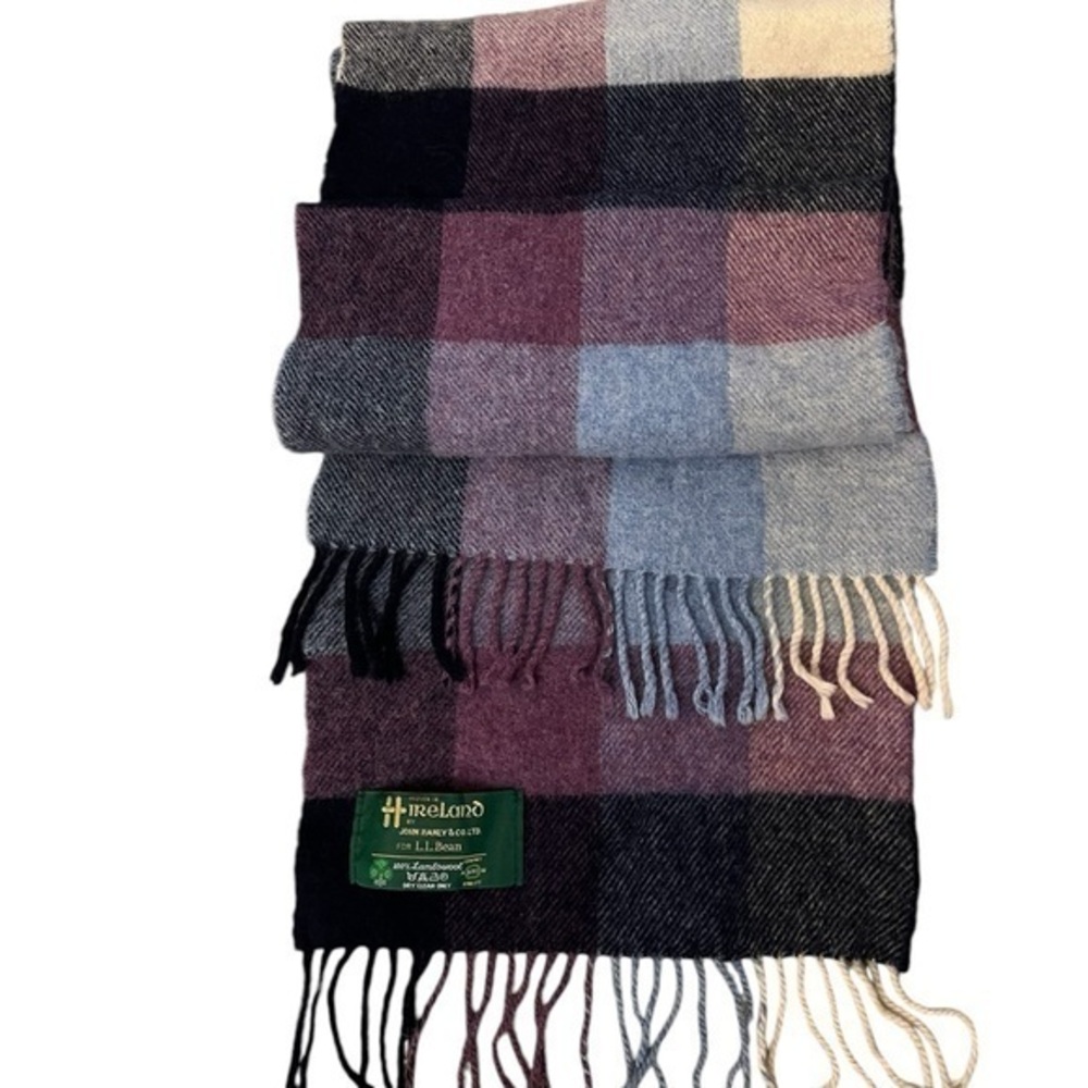 John Hanly & Co Ireland for L.L. BEAN blue & purple plaid 100% lambswool scarf